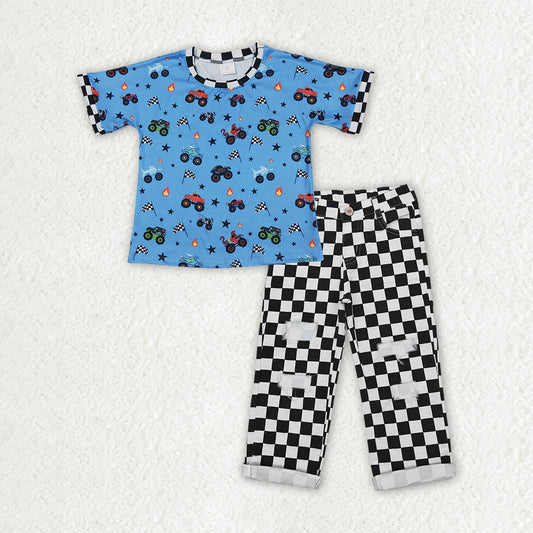 RTS NO MOQ milk silk BSPO0687（BT1496+P0122） Baby Boys 4th of July Blue Car Flag Tee Top Black Check Denim Pants Set