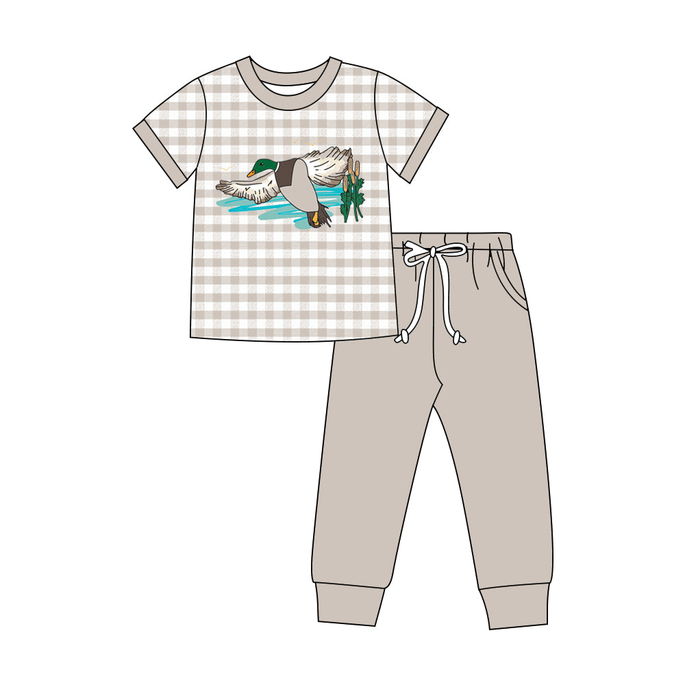 (Preorder new) No moq milk silk Baby Boys Brown Plaid Duck Tops Pocket Hunting Sets