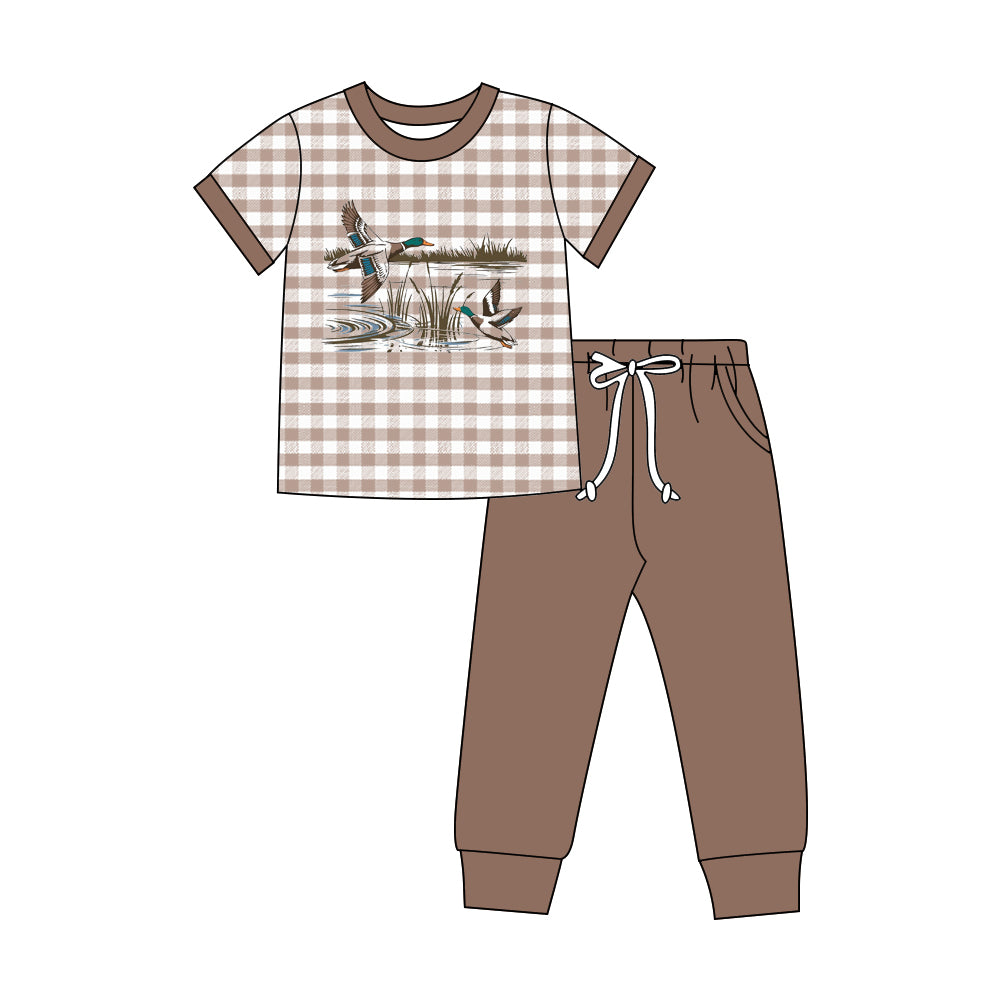(Preorder new) No moq milk silk Baby Boys Brown Plaid Duck Tops Pocket Hunting Sets