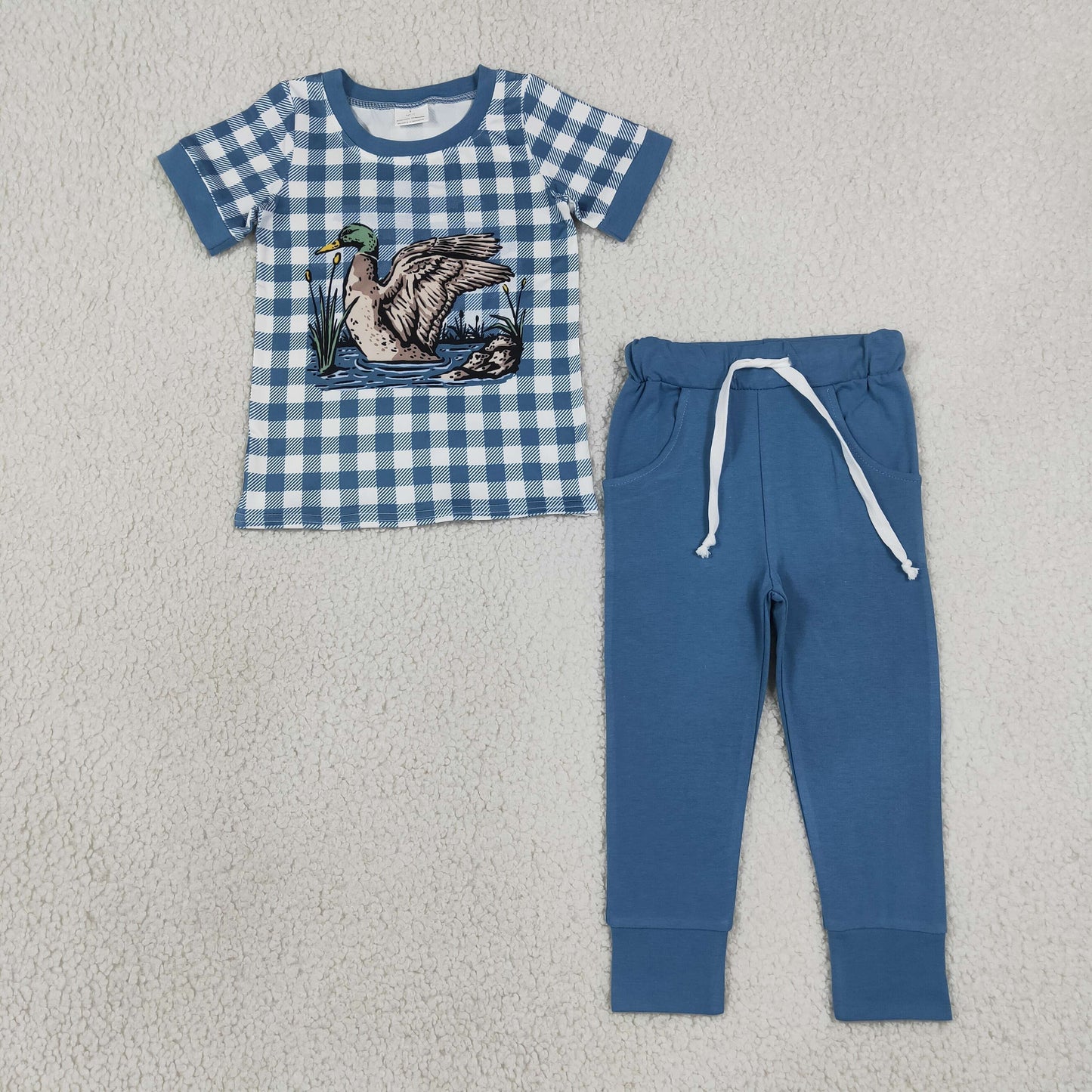 NEW RTS NO MOQ milk silk BSPO0690 Baby Boys Hunting Blue Plaid Duck Printed Pocket Jogger Clothes Sets