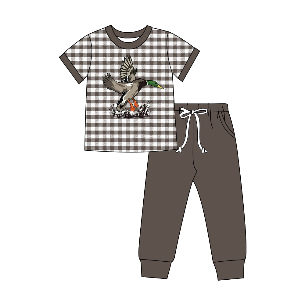 (Preorder new) No moq milk silk Baby Boys Brown Plaid Duck Tops Pocket Hunting Sets