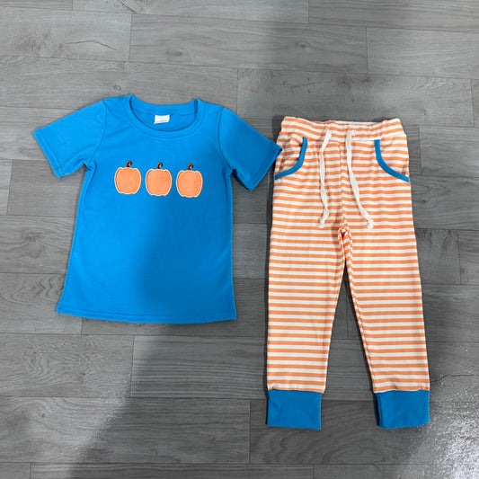 (Sample) No moq milk silk BSPO0693 Embroidery Baby Boys Fall Pumpkin Print  Pocket Long Sleeve Top Jogger Pants Sets