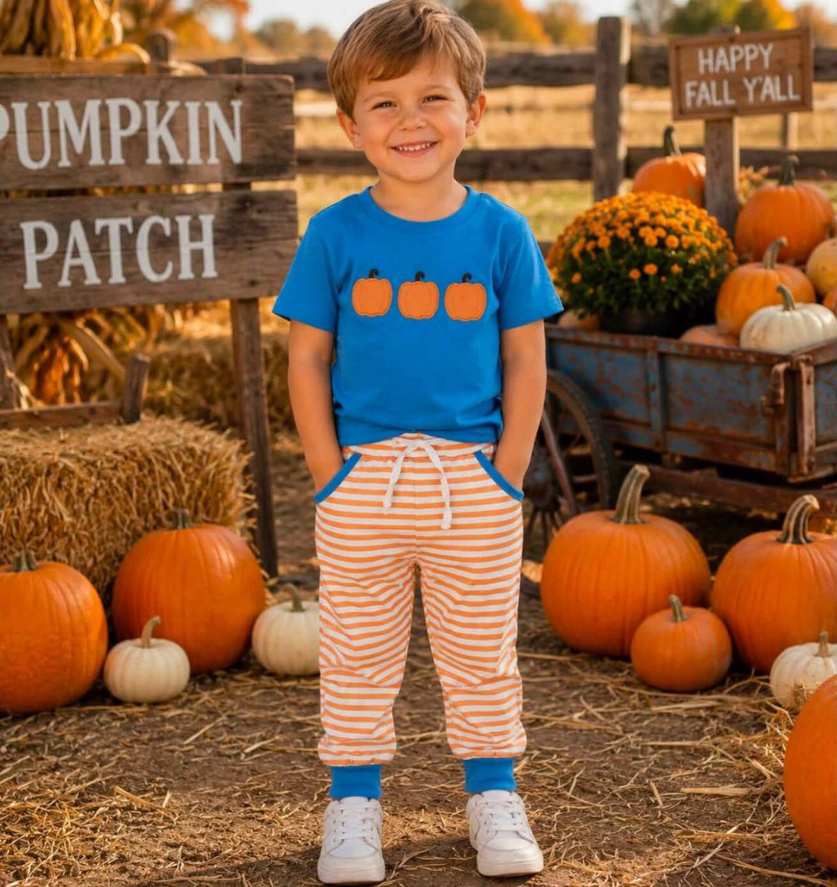 NEW RTS NO MOQ milk silk BSPO0693 Embroidery Baby Boys Fall Pumpkin Print  Pocket Long Sleeve Top Jogger Pants Outfit Daily Wear