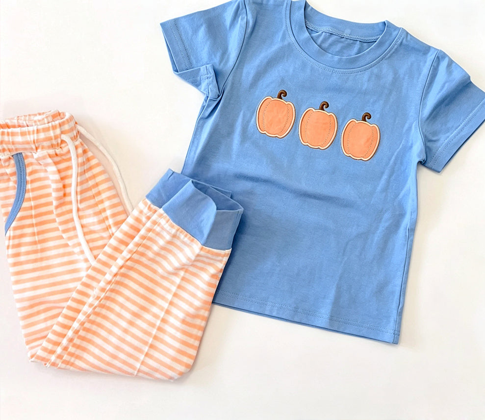 (Preorder new) No moq Embroidery Bow Pumpkins Baby Girls Boys Top Pockets Jogger Fall Clothes Sets Rompers Dress