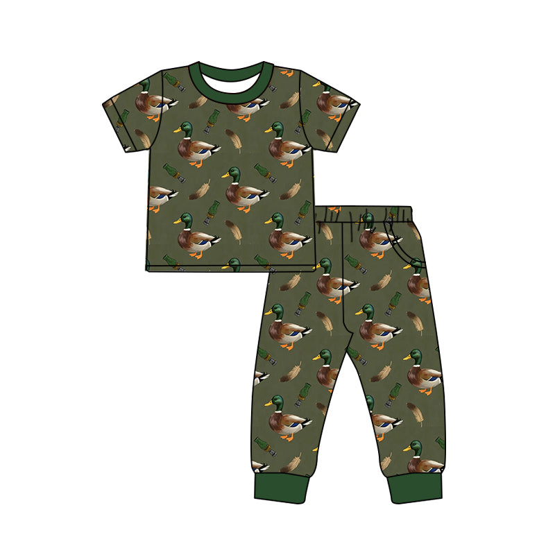 (Preorder new) No moq Boys Hunting Green Duck Print Long Sleeve Matching Pajamas Set Romper Blankets