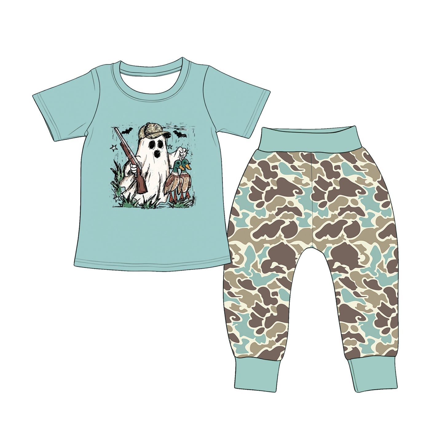 (Preorder new) No moq BSPO0703 Baby Boys Halloween Duck Ghost Print Long Sleeve Crew Neck Top Matching Leggings Casual Holiday Clothes Set