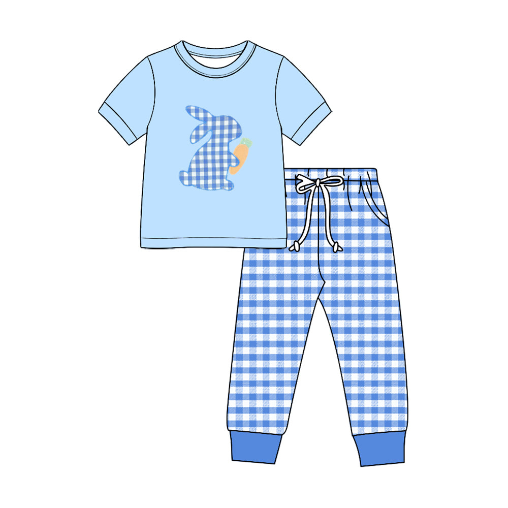 (Preorder new) No moq Baby Boys Easter Gingham Bunny Carrot Short Sleeve Tee Jogger Pant Set Rompers