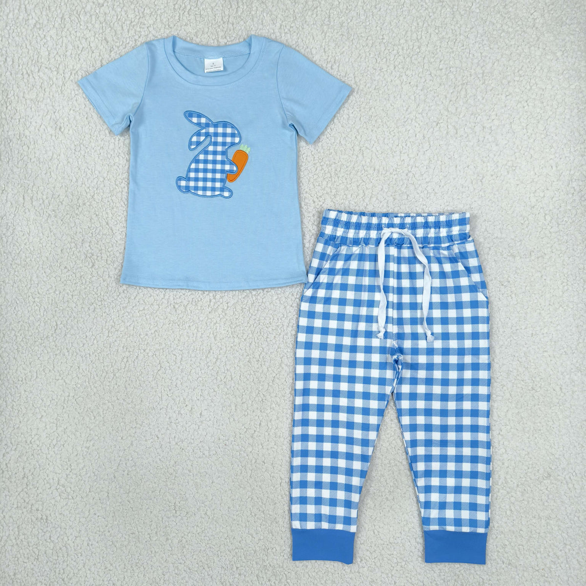 NEW RTS NO MOQ milk silk BSPO0705 Embroidery Baby Boys Rabbit Carrots Easter Long Sleeve Top Jogger Pants Sets