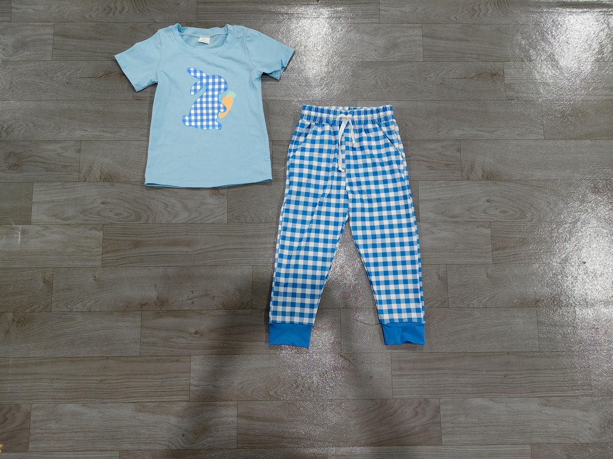 (Sample) No moq milk silk BSPO0705 Embroidery Baby Boys Blue Checked Rabbit And Carrots Long Sleeve Top Pockets Pant Easter Clothes Sets