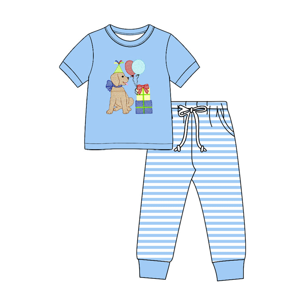 (Preorder new) No moq Baby Boys Birthday Dog Short Sleeve Top Blue White Stripe Drawstring Jogger Pant Set Short Sleeve Polo Tee