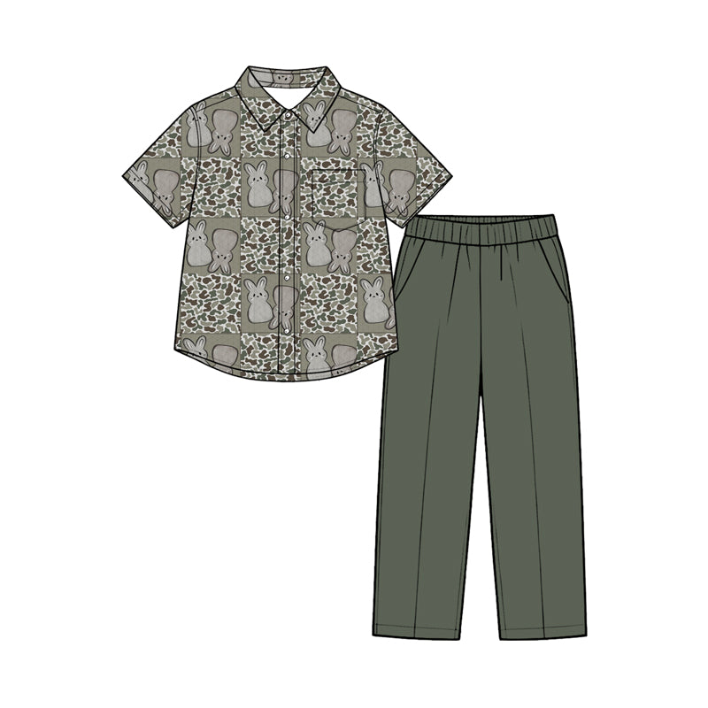(Preorder new) No moq Baby Boys Easter Outfits Bunny Camo Print Casual Short Sleeve Button Down Shirt Solid Olive Elastic Waist Pant Outfit Set
