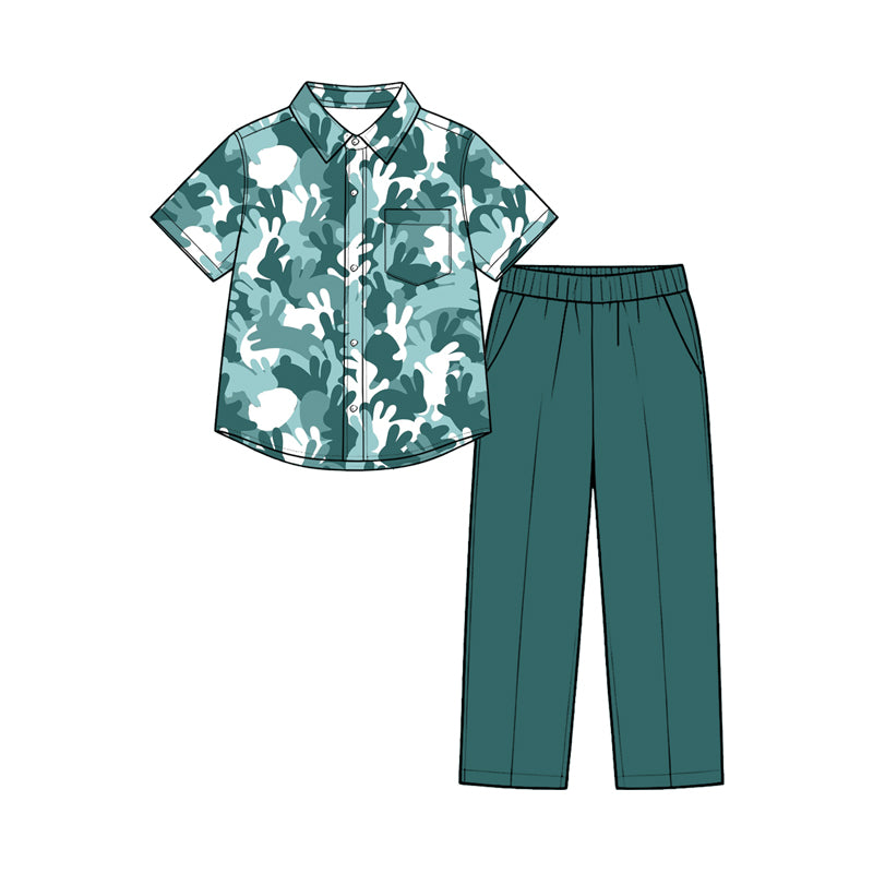 (Preorder new) No moq Baby Boys Easter Outfits Bunny Camo Print Casual Short Sleeve Button Down Shirt Solid Olive Elastic Waist Pant Outfit Set