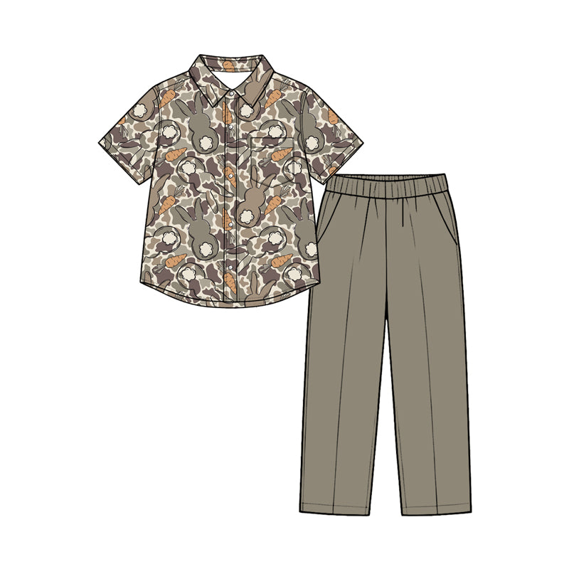 (Preorder new) No moq Baby Boys Easter Outfits Bunny Camo Print Casual Short Sleeve Button Down Shirt Solid Olive Elastic Waist Pant Outfit Set