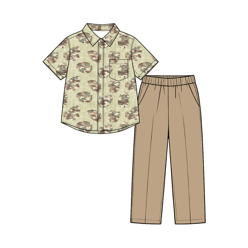(Preorder new) No moq Baby Boys Easter Outfits Bunny Camo Print Casual Short Sleeve Button Down Shirt Solid Olive Elastic Waist Pant Outfit Set