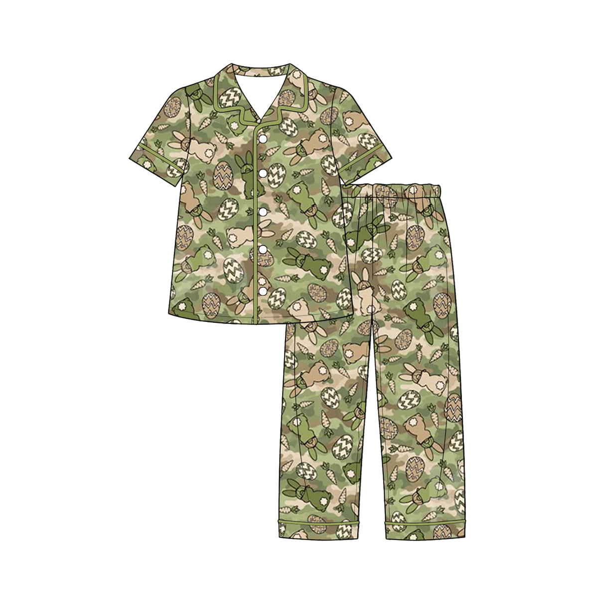 (Preorder new) No moq Baby Girls And Boys Easter Bunny Egg Camo Print Button Down Short Sleeve Top And Long Pants Pajama Set Rompers