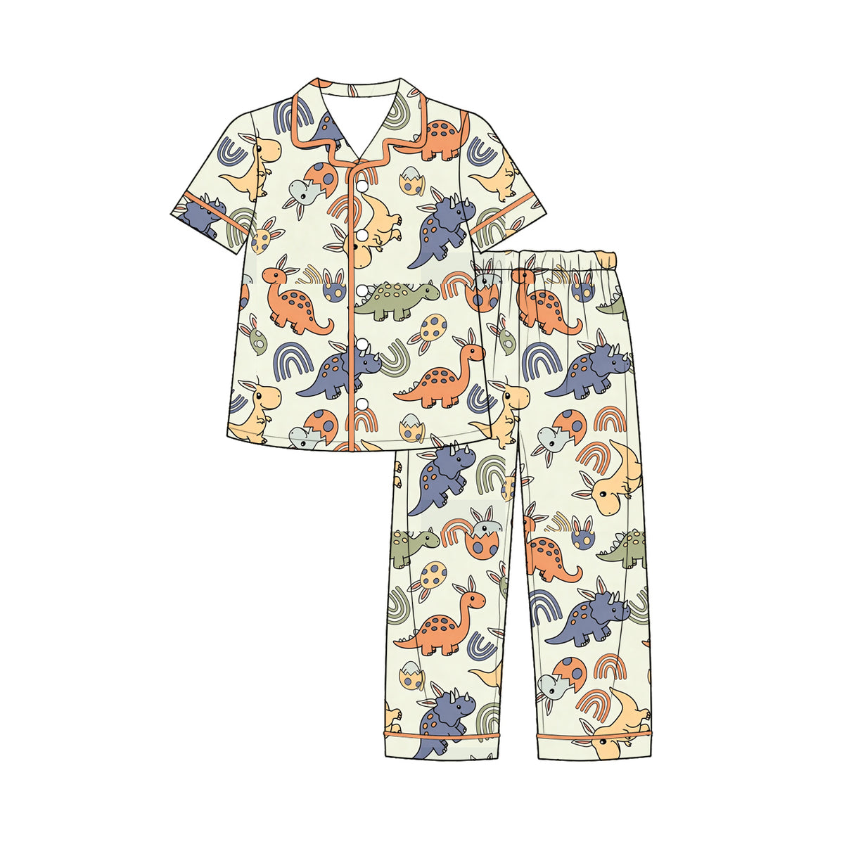 (Preorder new) No moq Baby Boys Kids Dinosaur Rainbow Print Button Down Short Sleeve Pajama Set Romper