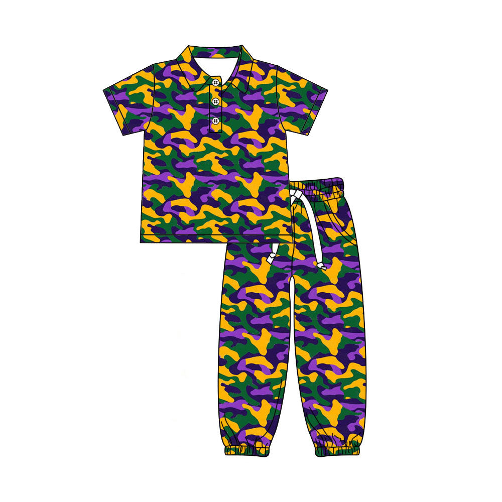 (Preorder new) No moq Kids Boys Purple Green Gold Camo Print Short Sleeve Polo Jogger Pants Set