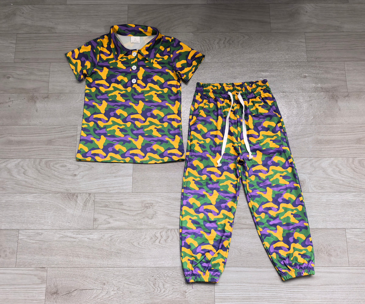 (Sample) No moq milk silk BSPO0721（BT1958+P1248）Baby Boys Camo Button Polo Shirts Top Pockets Joggers Set
