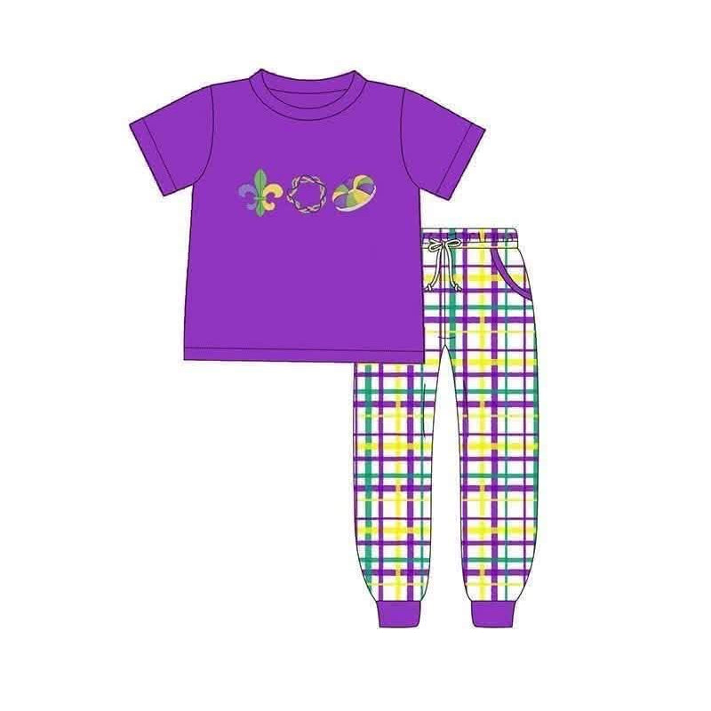 (Preorder new) No moq Toddler Girls And Boys Short Sleeve Purple Top And Plaid Ruffle Pant Set