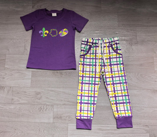 (Sample) No moq milk silk BSPO0722 Embroidery Baby Boys Purple Top Checked Pockets Jogger Set