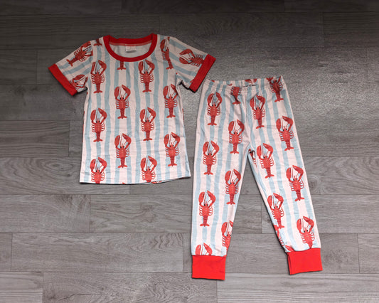 (Sample) No moq milk silk BSPO0723 Baby Boys Short Sleeve Blue Stripe Crayfishes Sleep Pajamas Set