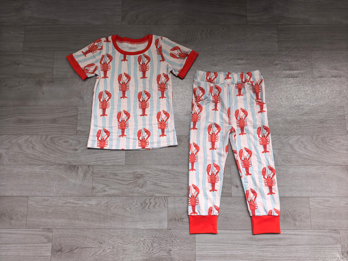 (Sample) No moq milk silk BSPO0723 Baby Boys Short Sleeve Blue Stripe Crayfishes Sleep Pajamas Set