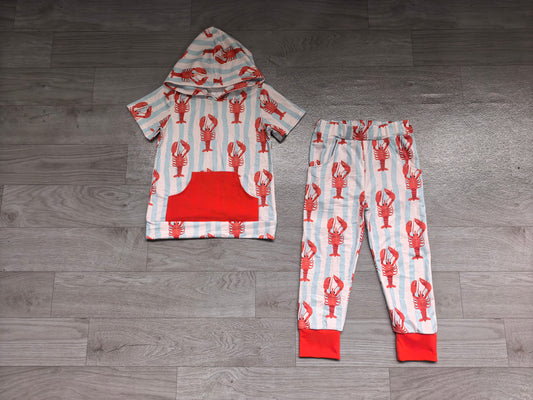 (Sample) No moq milk silk BSPO0724 Baby Boys Casual Blue Stripe Crayfishes Pockets Zip Hoodie Joggers Clothes Set