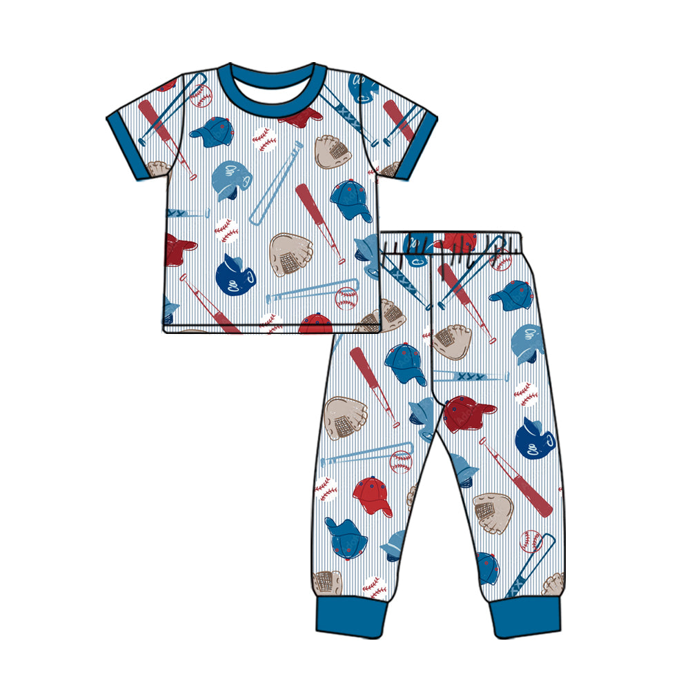(Preorder new) No moq Baby Boys Baseball Print Sets Short Sleeve Button Shirt Pjs Hoodie Pant And Zipper Romper