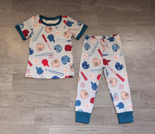 (Sample) No moq milk silk BSPO0732 Baby Boys Blue Stripe Baseballs Print Top Pants Team Pajamas Sets