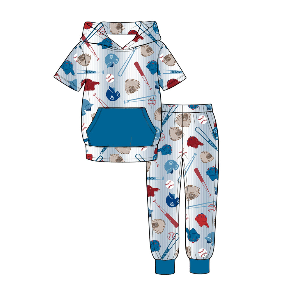 (Preorder new) No moq Baby Boys Baseball Print Sets Short Sleeve Button Shirt Pjs Hoodie Pant And Zipper Romper