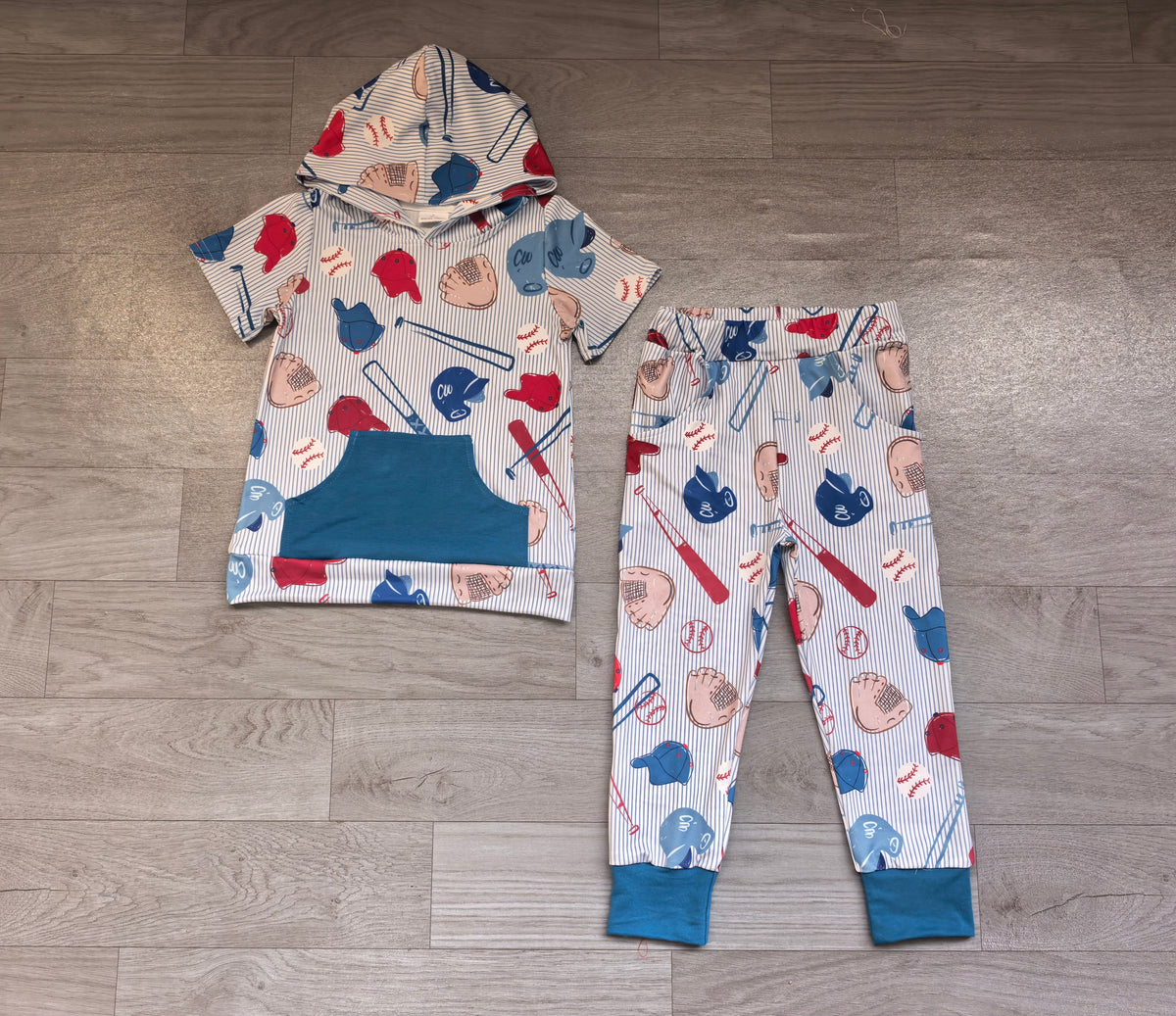 (Sample) No moq milk silk BSPO0733 Baby Boys Blue Stripe Baseballs Pocket Hoodie Pants Team Sets