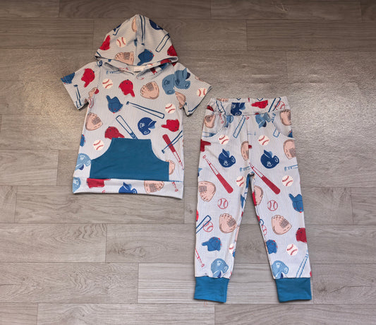 (Sample) No moq milk silk BSPO0733 Baby Boys Blue Stripe Baseballs Pocket Hoodie Pants Team Sets