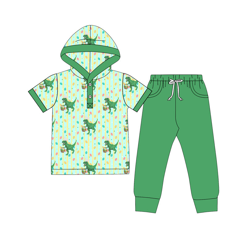(Preorder new) No moq Baby Boys Easter Dinosaur Print Hooded Short Sleeve Top And Solid Green Pants Set Hooded Romper