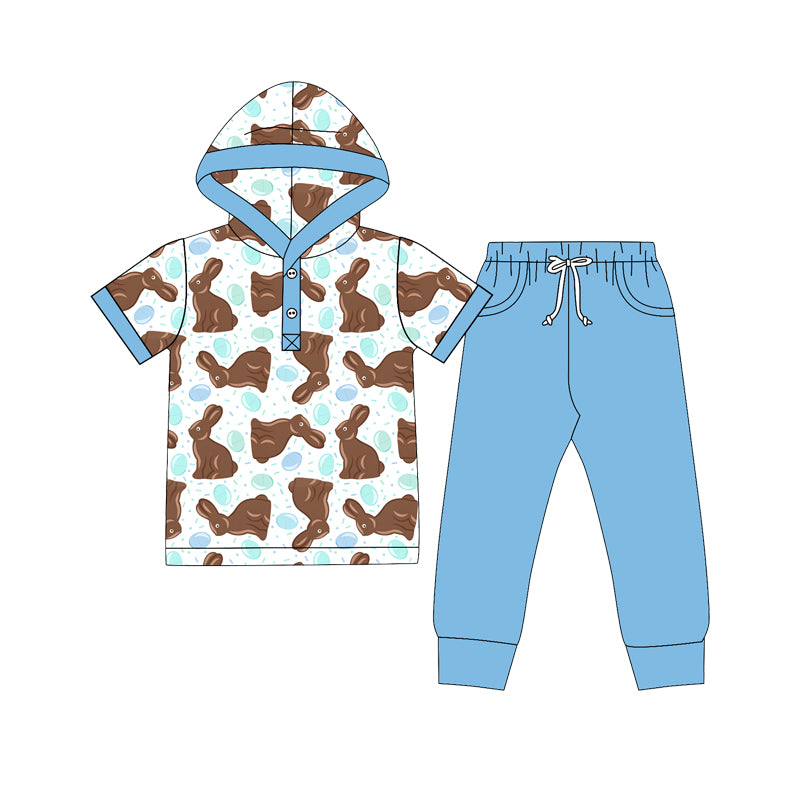 (Preorder new) No moq Baby Boys Easter Chocolate Bunny Print Hooded Short Sleeve Top And Solid Blue Pants Set Hooded Romper