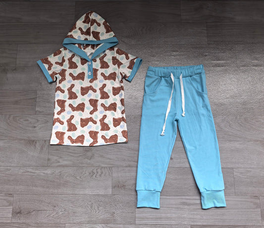 (Sample) No moq milk silk BSPO0735 Baby Boys Easter Bunny Eggs Print Button Hoodie Pockets Casual Pants Clothes Sets