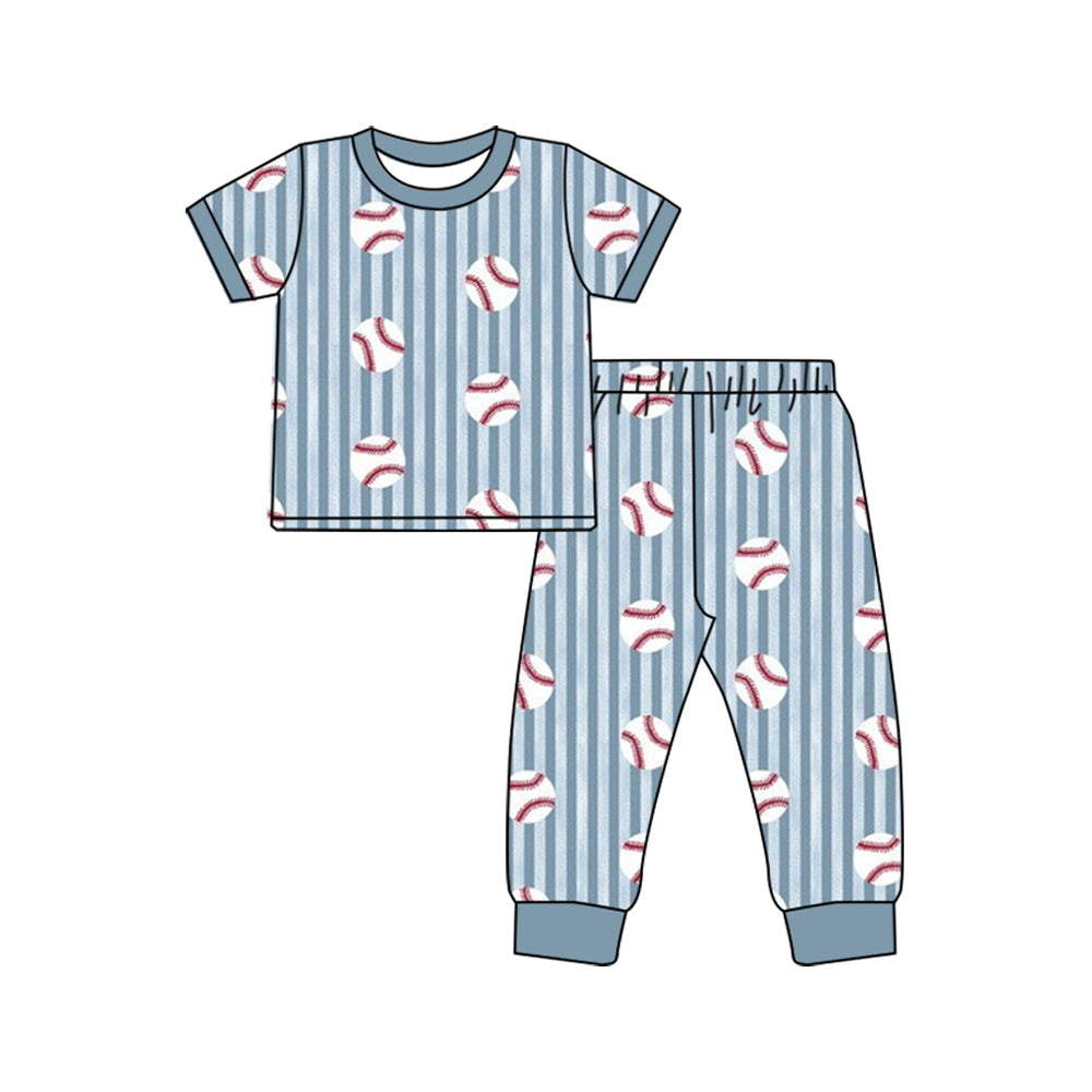 (Preorder new) No moq Baby Boys Blue Stripe Baseball Print Short Sleeve Pajama Set And Zipper Romper