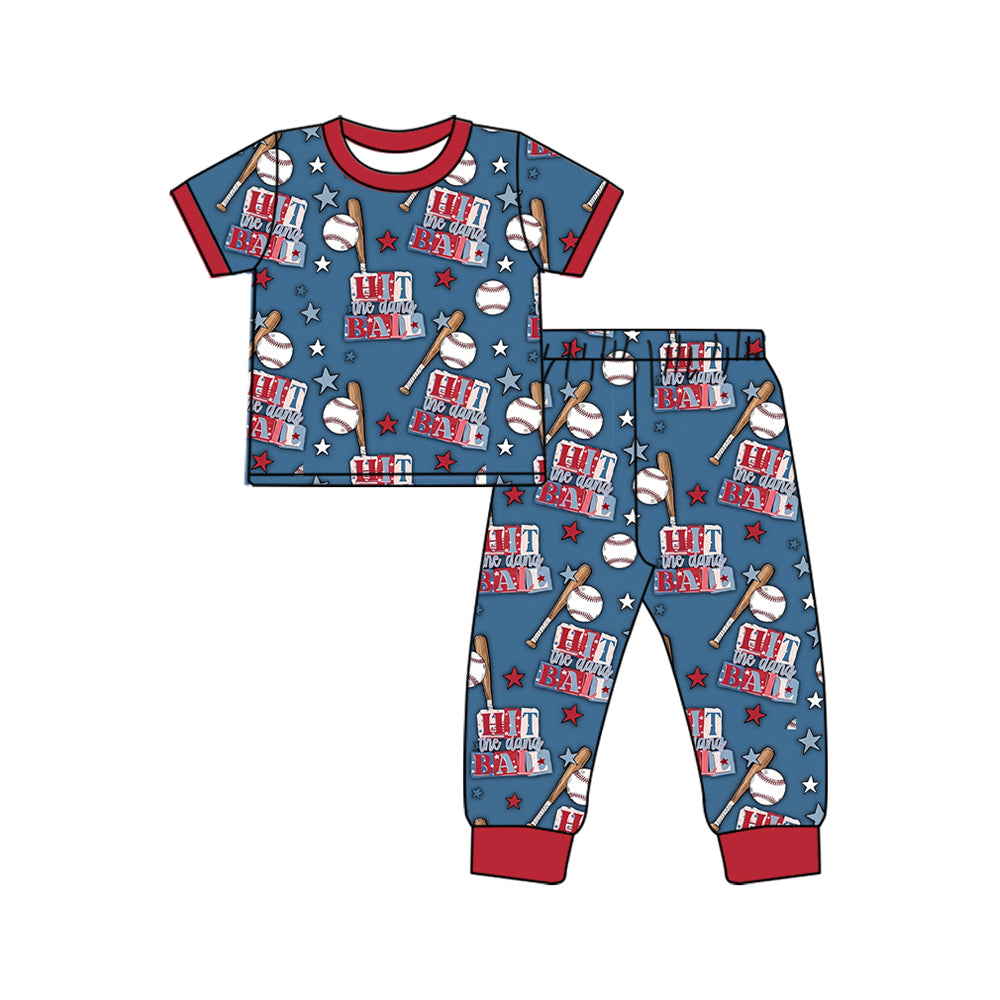 (Preorder new) No moq Baby Boys Blue Baseball Print Short Sleeve Pajama Set And Zipper Romper