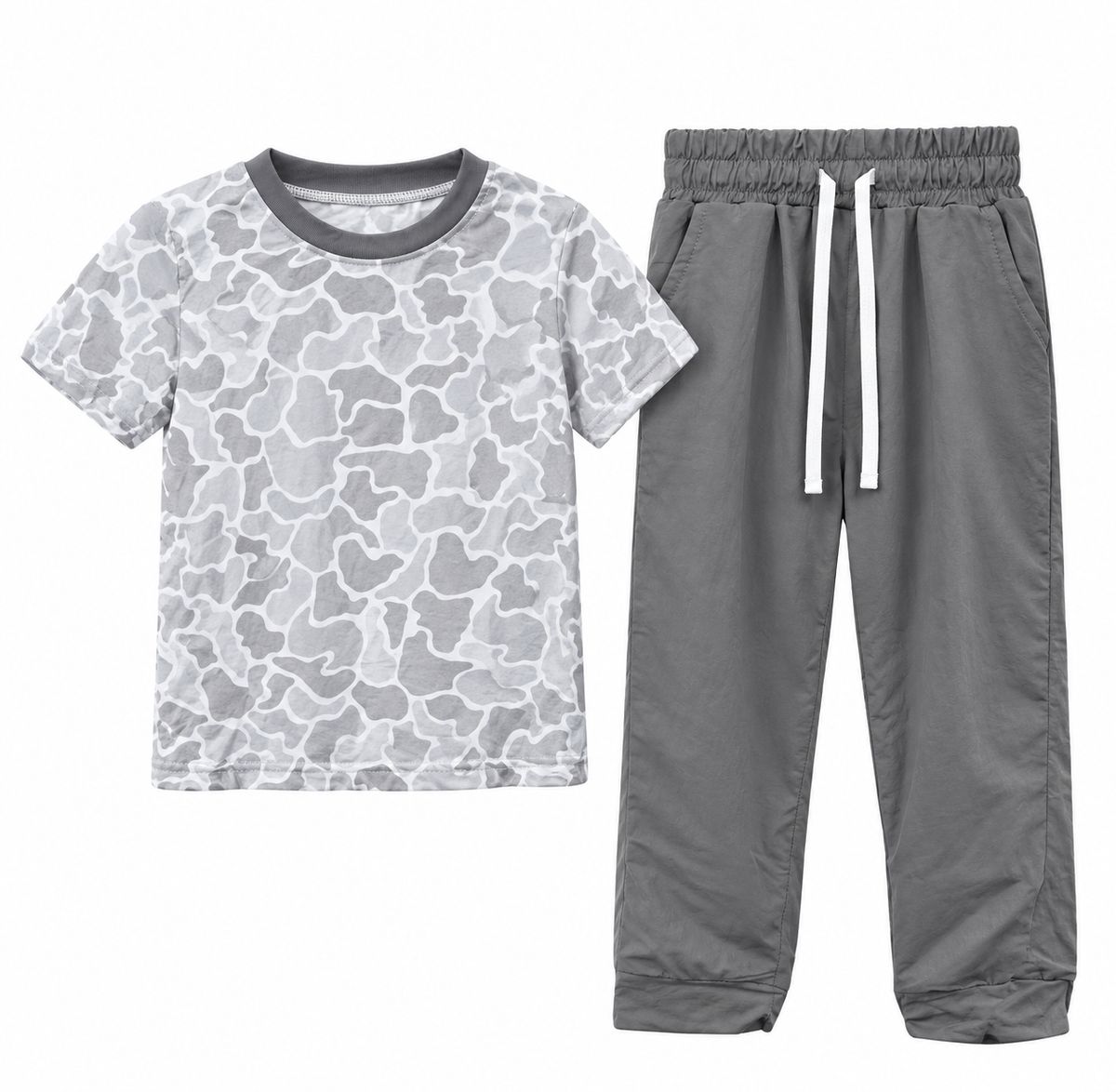 (Preorder new) No moq BSPO0738 Baby Boys Grey Camo Print Short Sleeve Crew Neck Tee And Elastic Waist Drawstring Pants Set