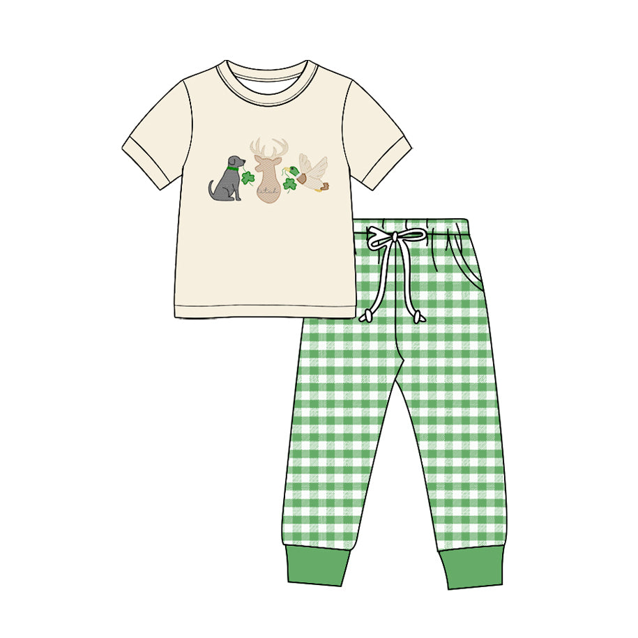 (Preorder new) No moq Baby Boys Clover Embroidery Top Green Gingham Drawstring Pant Outfit Romper