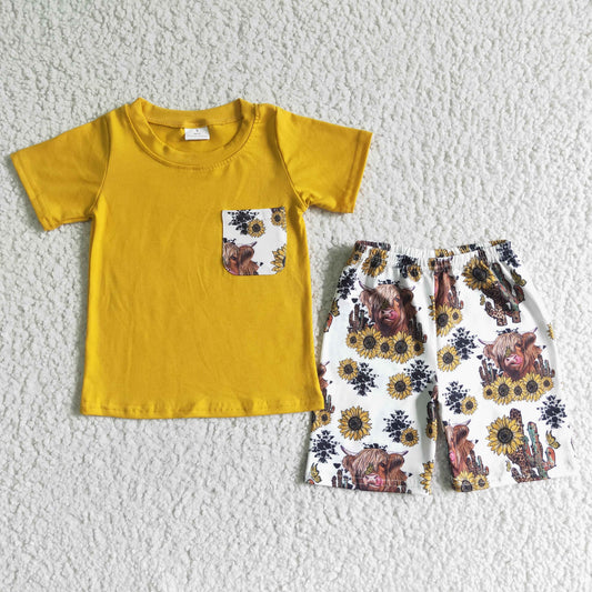 BSSO0069 Baby Boys Sunflower Cow Pocket Short Set