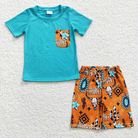 RTS NO MOQ BSSO0140 Boys howdy bull head blue pocket short-sleeved shorts suit