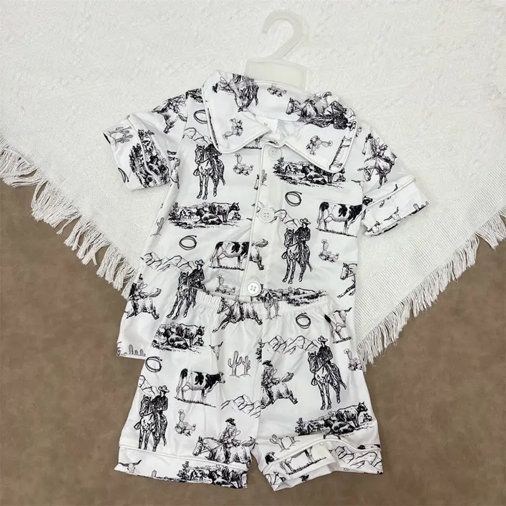 RTS NO MOQ BSSO0275 Riding Bull White Short Sleeve Shorts Set