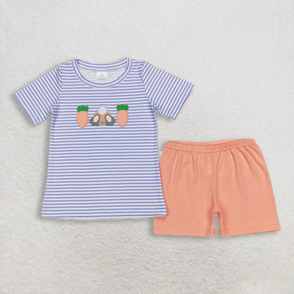RTS NO MOQ Sibling Baby Boys Girls Easter Embroidery Rabbit Stripe Top And Shorts Set Rompers
