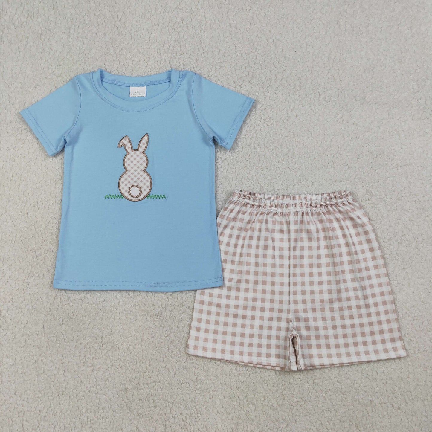 RTS NO MOQ BSSO0305 Embroidered Rabbit Baby Boys Shirt And Checked Shorts Set Easter Outfit