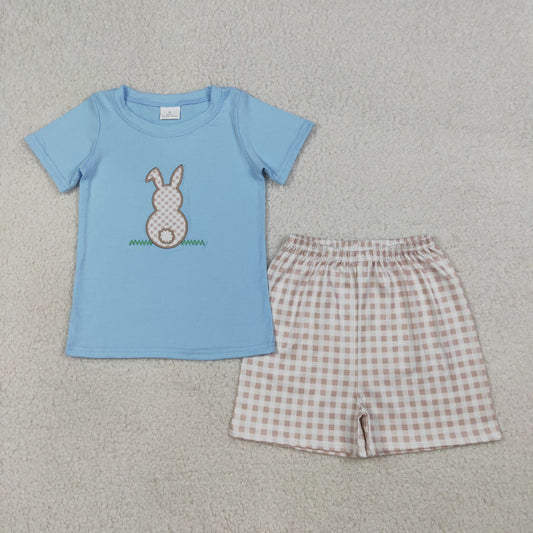 RTS NO MOQ BSSO0305 Embroidered Rabbit Baby Boys Shirt And Checked Shorts Set Easter Outfit