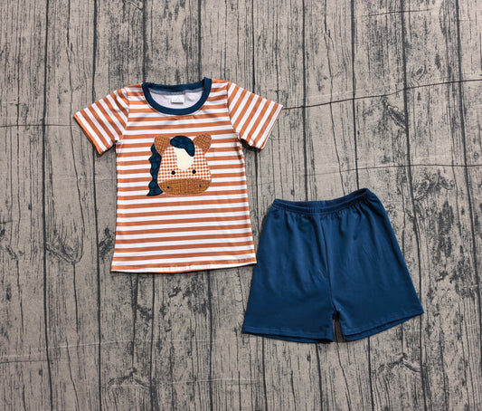 (Sample) No moq BSSO0380 Embroidery Baby Boys Western Horse Shirts And Shorts Set Striped Top Bottoms Outfit