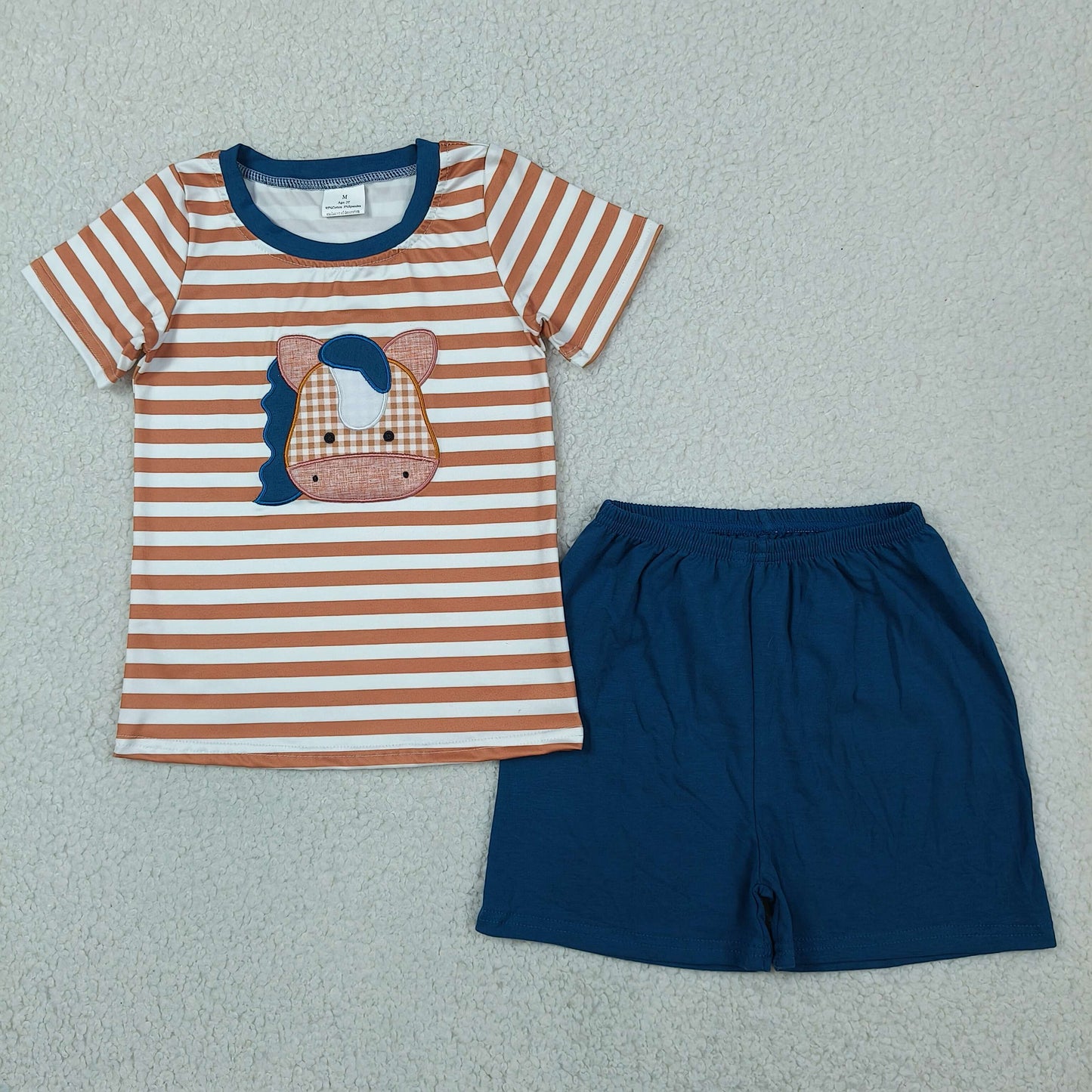 RTS NO MOQ BSSO0380 Baby Boys Stripe Top Embroidery Horse Pattern Shorts Western Casual Set