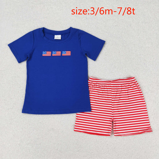 RTS NO MOQ  BSSO0434 Embroidered flag blue short sleeve red and white striped shorts set（3-6M-7-8T）