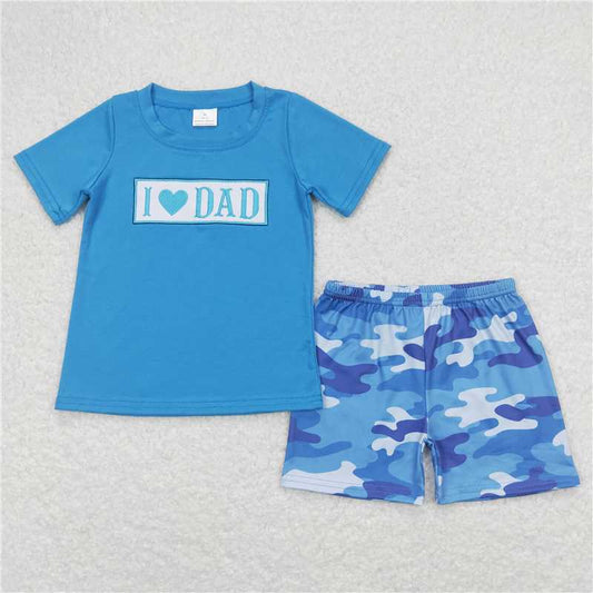 RTS NO MOQ（In Stock) BSSO0455 Boys Embroidered Camouflage i love dad Short Sleeve Shorts Set