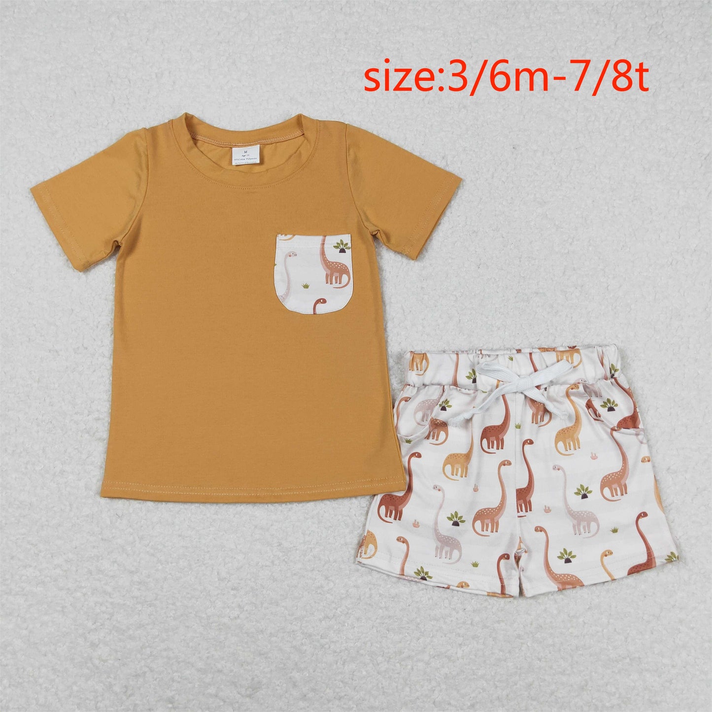 rts no moq BSSO0464 Dinosaur Pocket Brown Short Sleeve Shorts Set